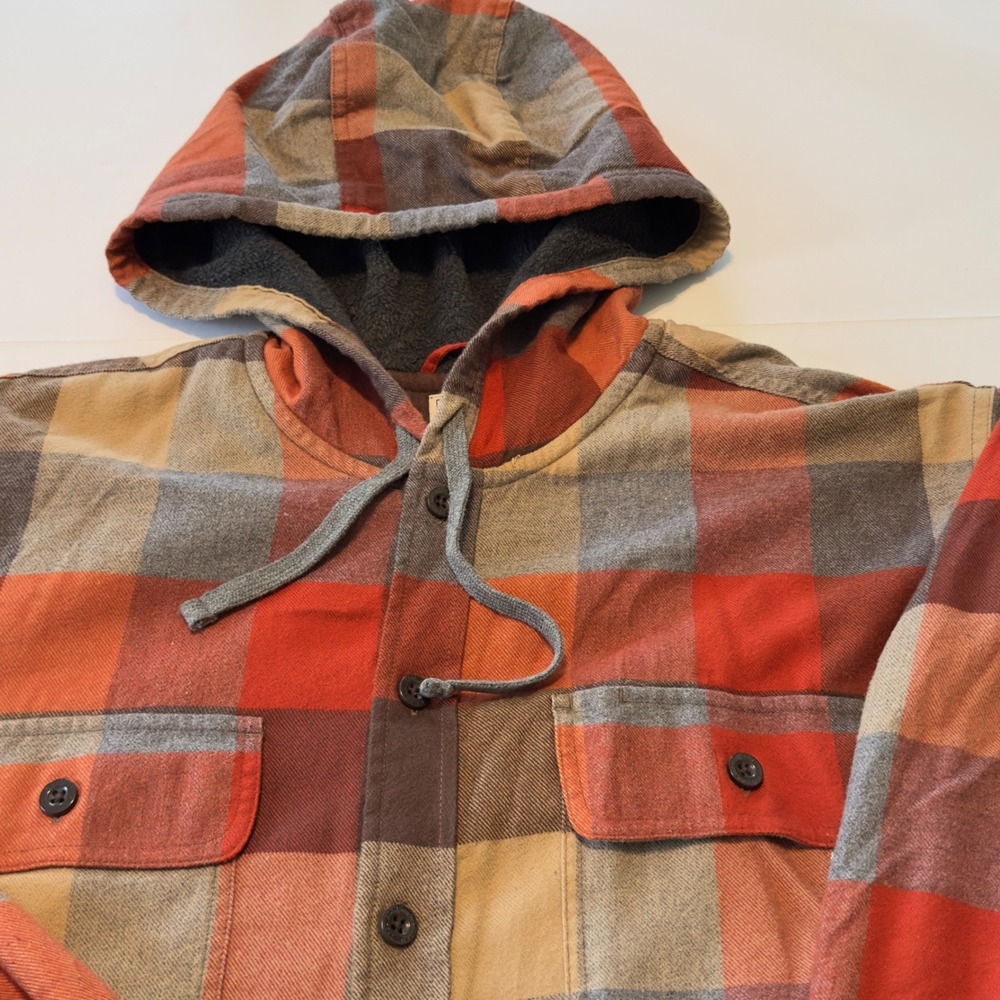 LL Bean Men Orange Brown Plaid Hooded Flannel Jacket Quilted Lined Shacket Large